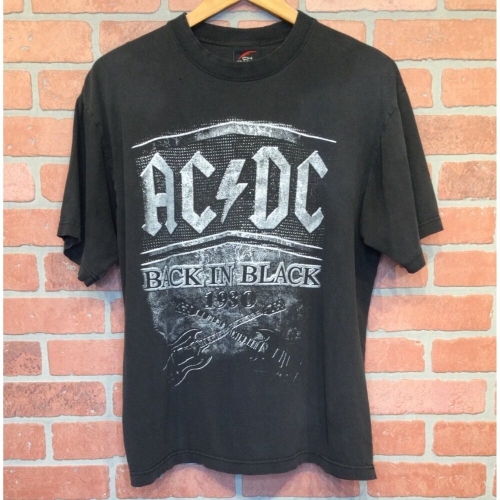 VTG AC/DC Back In Black 1980 T-Shirt Mens L Black Cotton Crew Neck Distressed